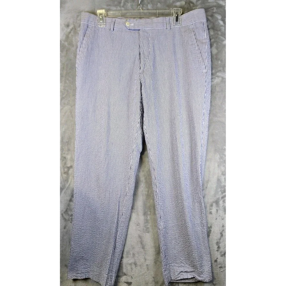 Stafford Seersucker Chino Pants Mens 34x29 (34x28) White Blue Stripe 100% Cotton